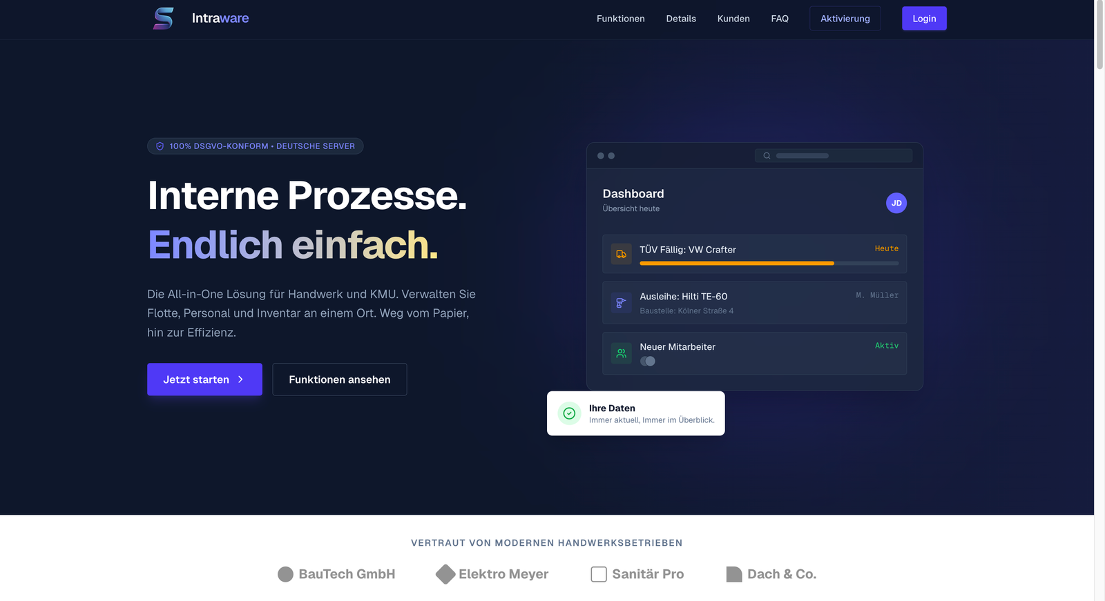 Website homepage of Intraware showing a dark-themed dashboard with internal process management, text in German, and buttons for starting and viewing features.
